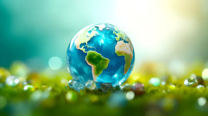 Glowing Earth on green ground, shining, beautiful, surrounded by gems, represents nature, world, environment, care