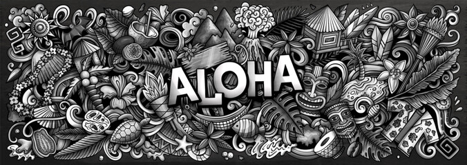 Aloha Hawaii doodle cartoon funny banner - obrazy, fototapety, plakaty