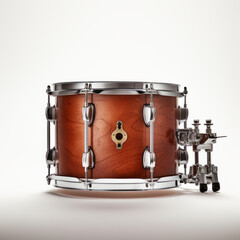 Wood finish snare drum with chrome hardware and stand, isolated on white.