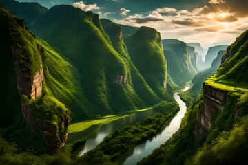 A winding river cutting through a lush green valley, surrounded by towering cliffs.