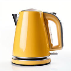 Yellow electric kettle on swivel base, contemporary style, isolated on white.