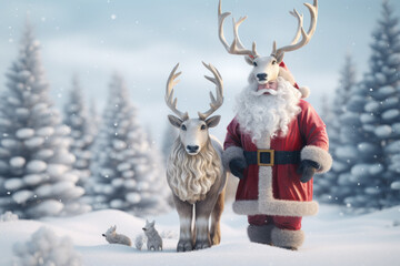 Photo of Santa Claus with reindeer in a festive Christmas setting with Snow Background