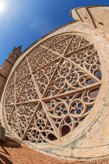 Rose window from terrace of the Cathedral of Santa Maria of Palma, La Seu, Palma de Mallorca, Balearic islands, Spain