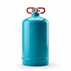 Blue gas cylinder with pressure gauge, metal valve, isolated on white.