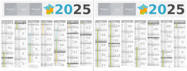 Calendrier 2025 14 mois au format 320 x 420 mm recto verso entièrement modifiable via calques et texte sans serif	