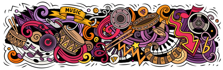 Music cartoon doodles illustration. Colorful musical vector banner