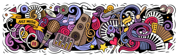Music cartoon doodles illustration. Colorful musical vector banner