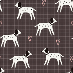 cute hand drawn dalmatian puppy dog with pink hearts on a grid pastel black background, kids seamless pattern for textile, fabric, valentines day wrapping paper design - obrazy, fototapety, plakaty