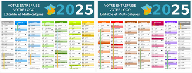 Calendrier 2025 14 mois au format 320 x 420 mm recto verso entièrement modifiable via calques et texte sans serif