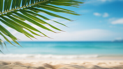 Beautiful sandy beach and a green palm branch in the foreground. Mockup and copyspace. AI generated.