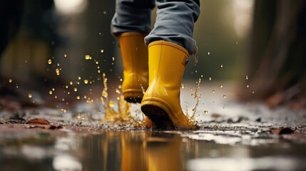 A close up of a person wearing yellow rain boots - obrazy, fototapety, plakaty