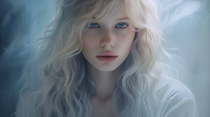 A painting of a blonde woman with blue eyes - obrazy, fototapety, plakaty