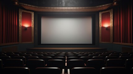An empty theater with a projector screen