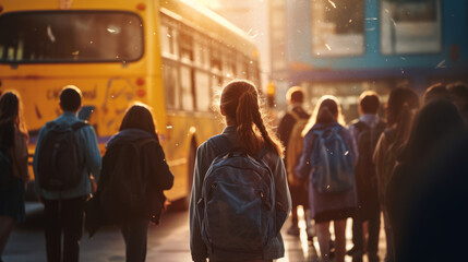 A group of children walking down a street next to a yellow bus