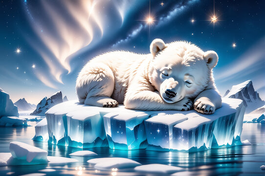 Cute fairy-tale bear cub on an ice floe. Night, the stars are shining. Arctic landscape. AI