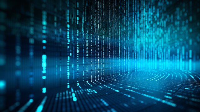 Blue digital binary data on computer screen background