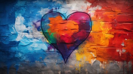 A colorful heart painted on a brick wall. Grafitti background