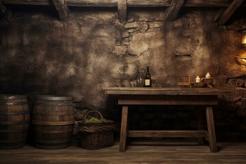 hazy cellar background, rustic table foreground. Generative AI
