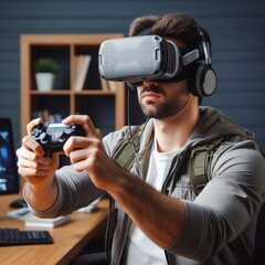 New Technology a man with 3d vr headset device and playing game Ai Generated 