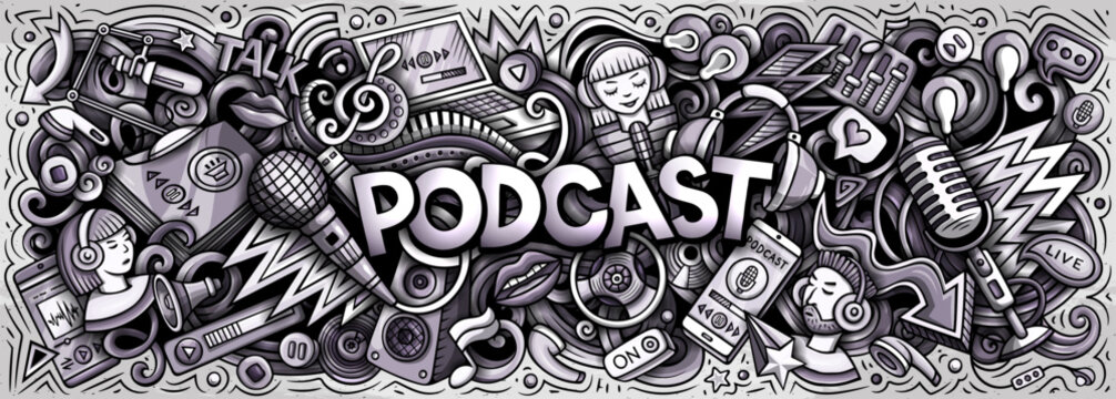 Podcast doodle cartoon funny banner