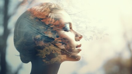 A double exposure of a woman's face with trees in the background