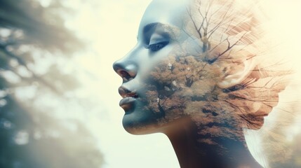 A double exposure of a woman's face with trees in the background