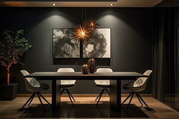 Modern dining room with subdued lighting and a sleek, monochrome wall. Generative AI