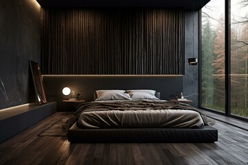 Minimalist bedroom interior with a black color palette. Generative AI