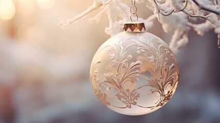 A white and gold Christmas ornament hanging from a tree