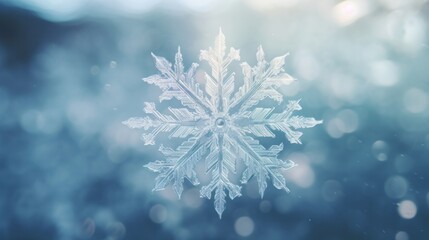 A close up of a snowflake on a blurry background