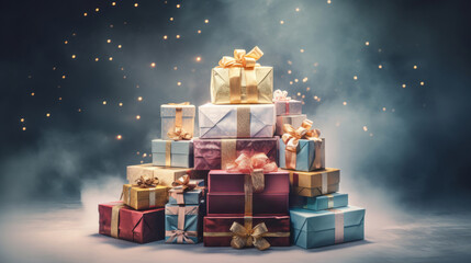 A pile of presents sitting on top of each other - obrazy, fototapety, plakaty