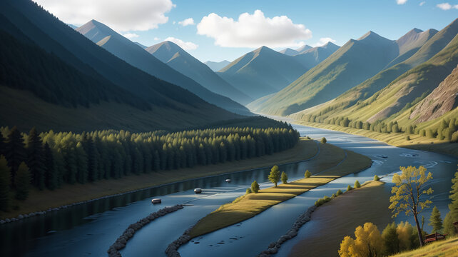 An incredible fantastic mountain river. Fantastic landscape. AI