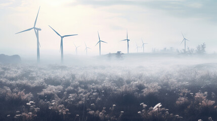 A foggy field with windmills in the distance