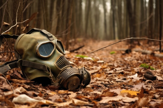gas mask in the forest