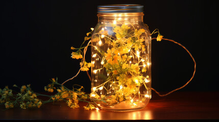 A mason jar filled with yellow flowers and fairy lights - obrazy, fototapety, plakaty
