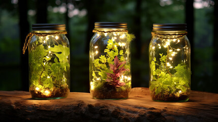 Three jars filled with plants and lights on a wooden table