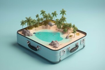 Fototapeta na wymiar Suitcase with beach and island inside. Generative AI