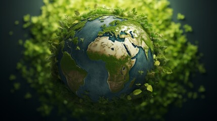 Obraz na płótnie Canvas A green globe surrounded by leaves and grass