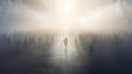 A group of people standing in a foggy area - obrazy, fototapety, plakaty