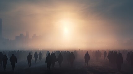 A group of people walking through a foggy field