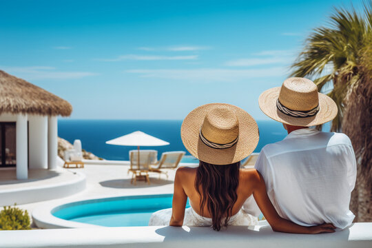 Couple is vacationing on a Greek island. A man and a woman in straw hats admire the sea.