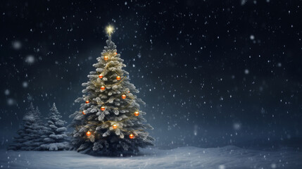 Obraz premium A snow covered christmas tree in the middle of the night