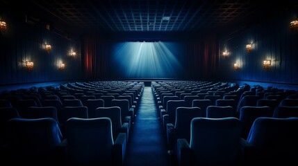 An empty cinema theater with rows of seats and lights
