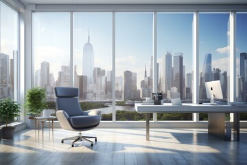 Modern office with blank white banner, furniture, large window, daylight, and cityscape. Generative AI