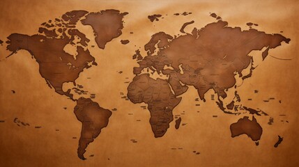 authentic world map on brown paper, copy space, 16:9
