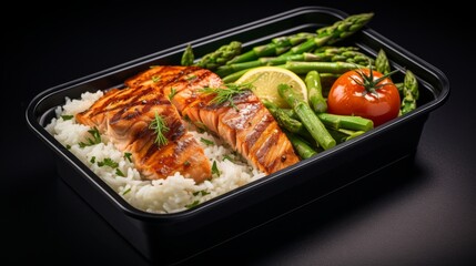 A black container filled with rice, asparagus and salmon