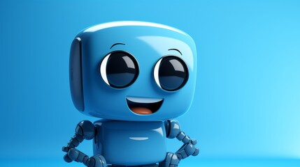 A blue robot with big eyes and a smile