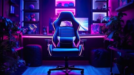 Gaming chair with a neon studio background, AI generative