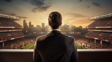 Fototapeta na wymiar A man in a suit looking out at a stadium