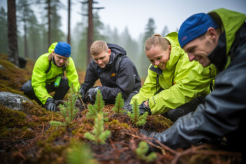 A group of individuals in blue and green jackets planting trees.